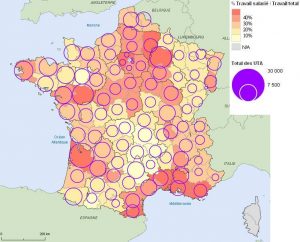 Répartition des UTA agricoles et pourcentage du travail salarié dans le travail agricole par département en 2007
