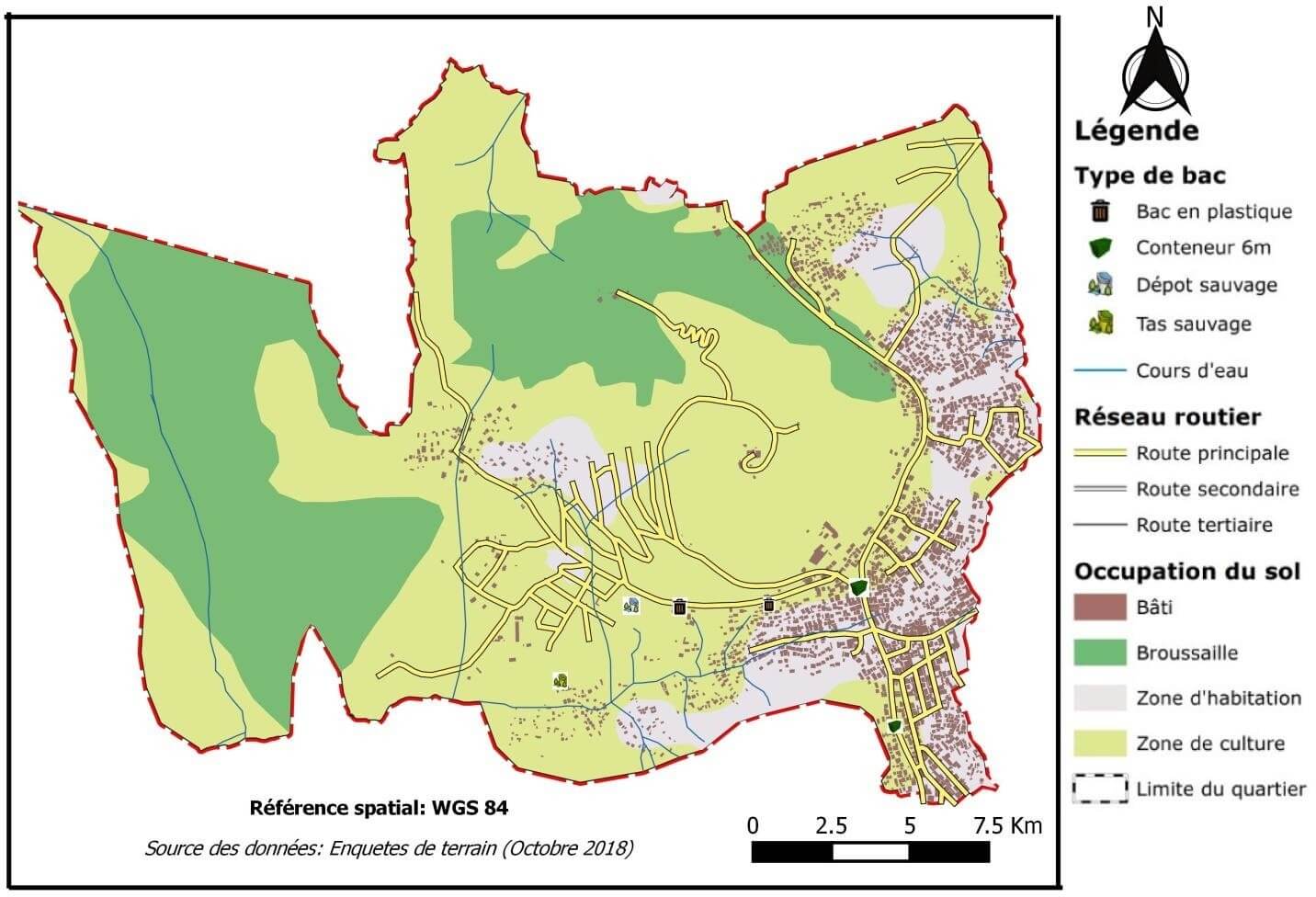 Emplacement des conteneurs et des bacs en plastique de collecte des ordures ménagères au quartier Mbankolo