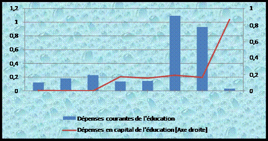 Evolution des dépenses courantes et en capital de l’éducation en % des dépenses publiques totales : 2002-2009
