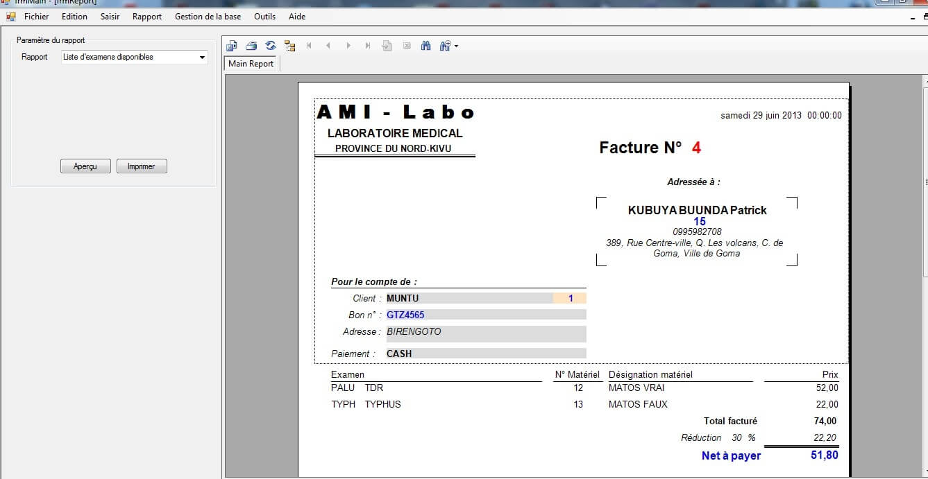 Interface édition facture