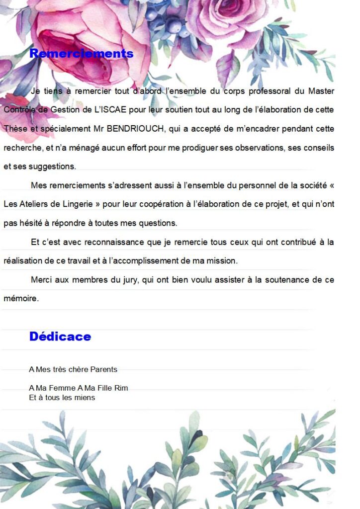 Remerciements et Dédicace - Conception et mise en place des tableaux de bord de gestion cas d’une société de confection