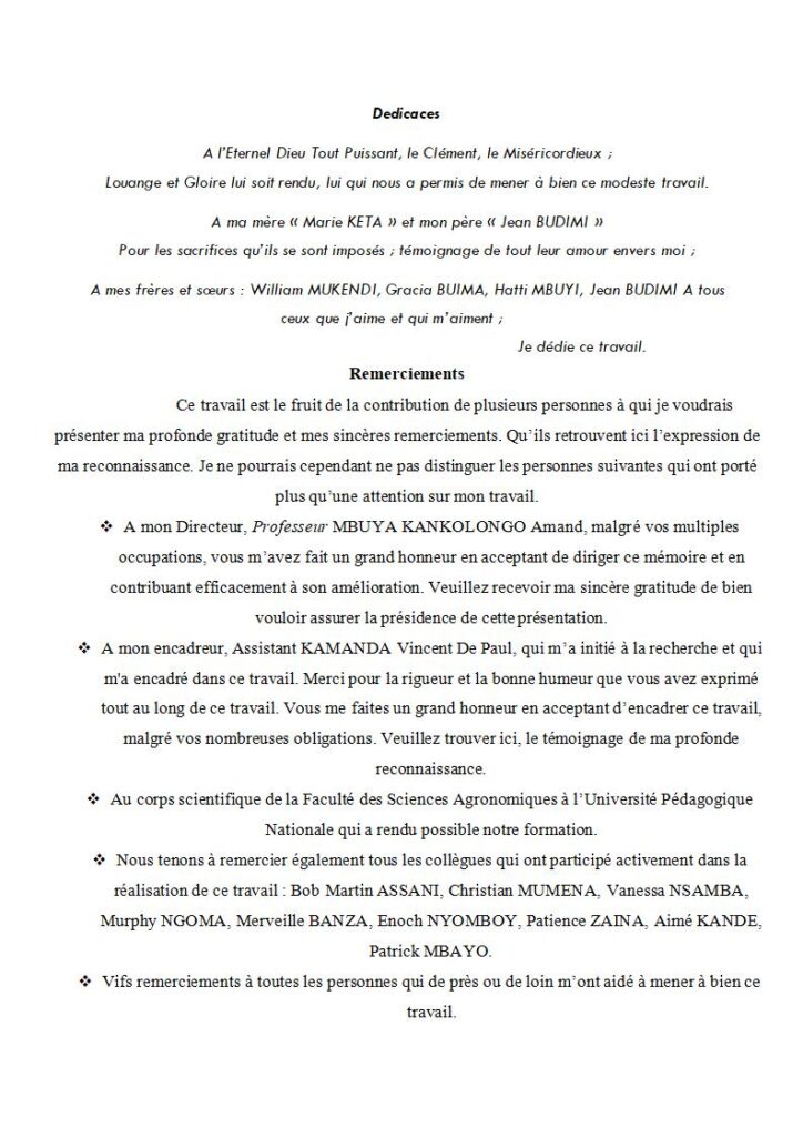 Remerciements et Dedicaces - Etude des performances de quelques variétés de riz pluvial à Kinshasa