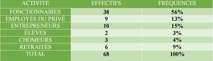 Tableau 8 : Activité des chefs de ménage