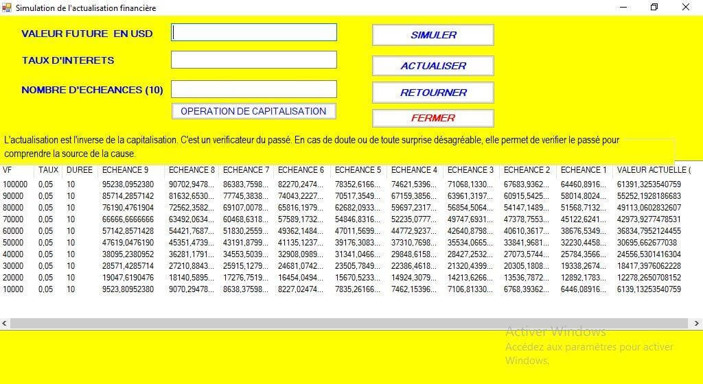 Capture représentative du test des simulations partant de 100 000 USD à 10 000 USD pour l'actualisation financière