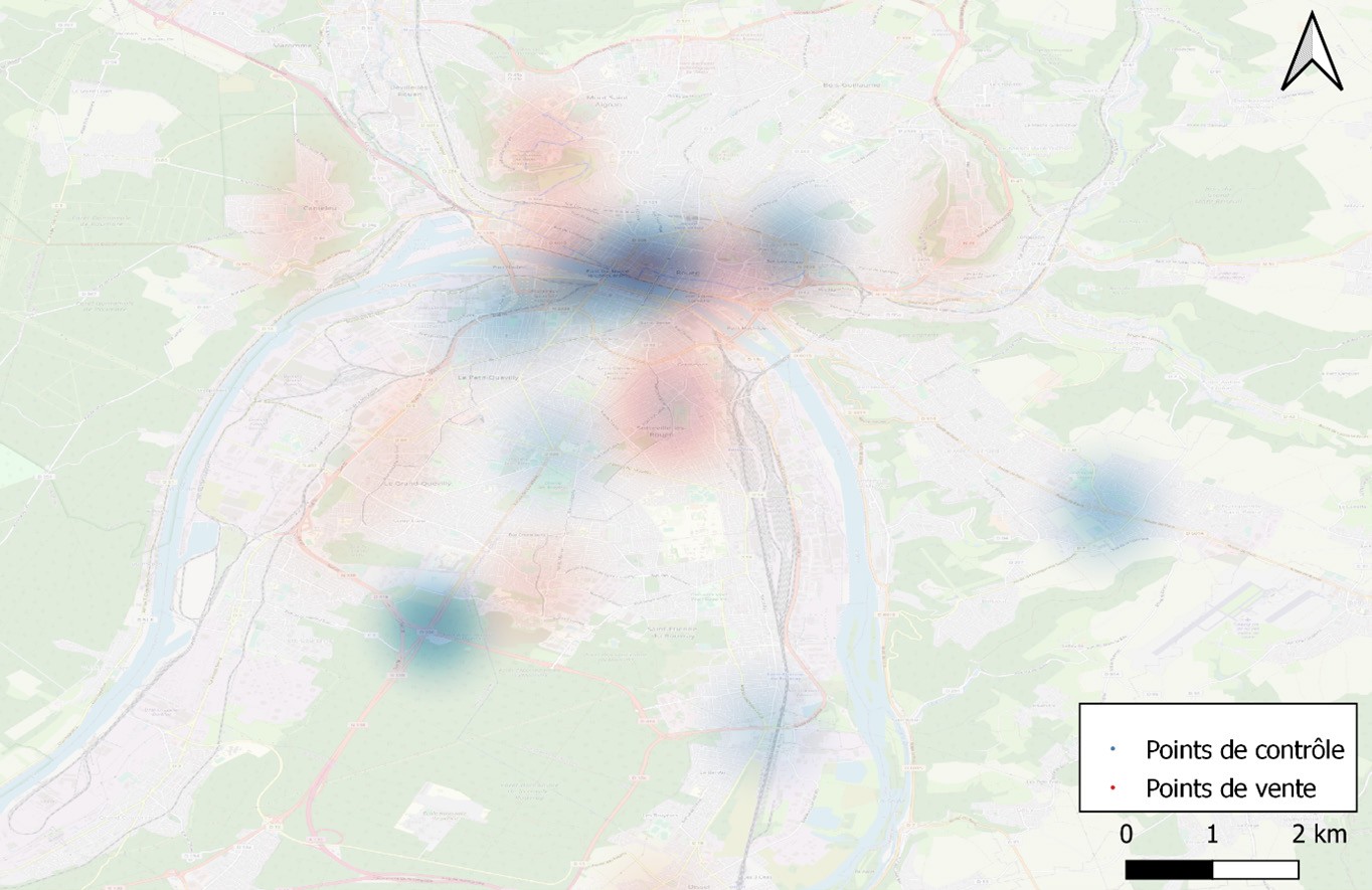 Carte de chaleur 3 : Superpositions entre points de ventes et points de contrôle, conception Julien Magana 2022