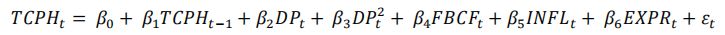𝑇𝐶𝑃𝐻𝑡 = 𝛽0 + 𝛽1𝑇𝐶𝑃𝐻𝑡−1 + 𝛽2𝐷𝑃𝑡 + 𝛽3𝐷𝑃2 + 𝛽4𝐹𝐵𝐶𝐹𝑡 + 𝛽5𝐼𝑁𝐹𝐿𝑡 + 𝛽6𝐸𝑋𝑃𝑅𝑡 + 𝜀𝑡