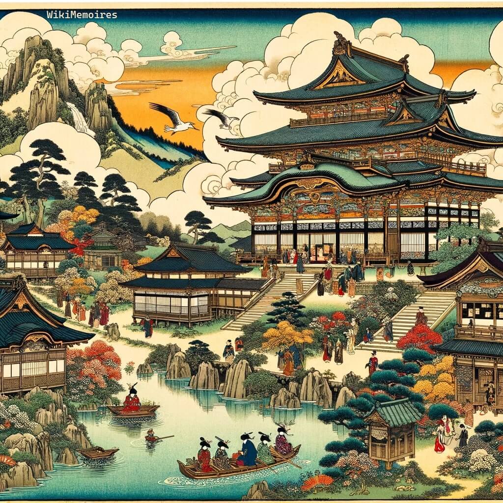Voici une illustration représentant un Meisho-e, un genre d'estampe japonaise, dépeignant un paysage célèbre du Japon.
